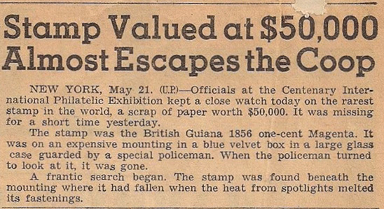 Kranteknipsel-tentoonstelling in 1947 met de British Guiana One cent magenta